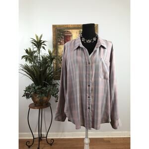 Billy T Women Blouse XL Button Up Plaid Pocket Roll Tab Sleeve Boho Lagenlook